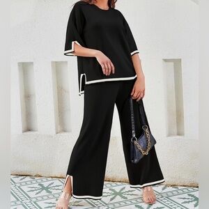 Women’s Black and Tan 2-piece Wide Leg Lounge Set